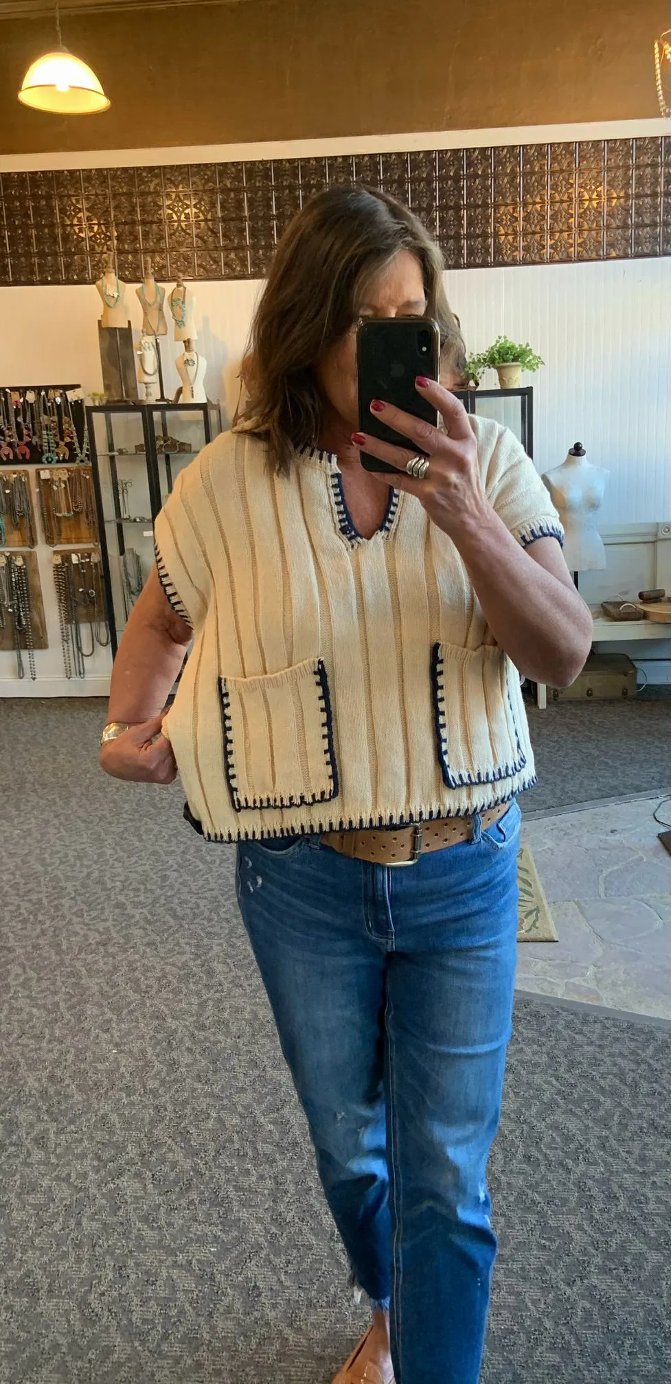 Natural Cross Stitched Short Sleeve Pocketed Sweater- SML
