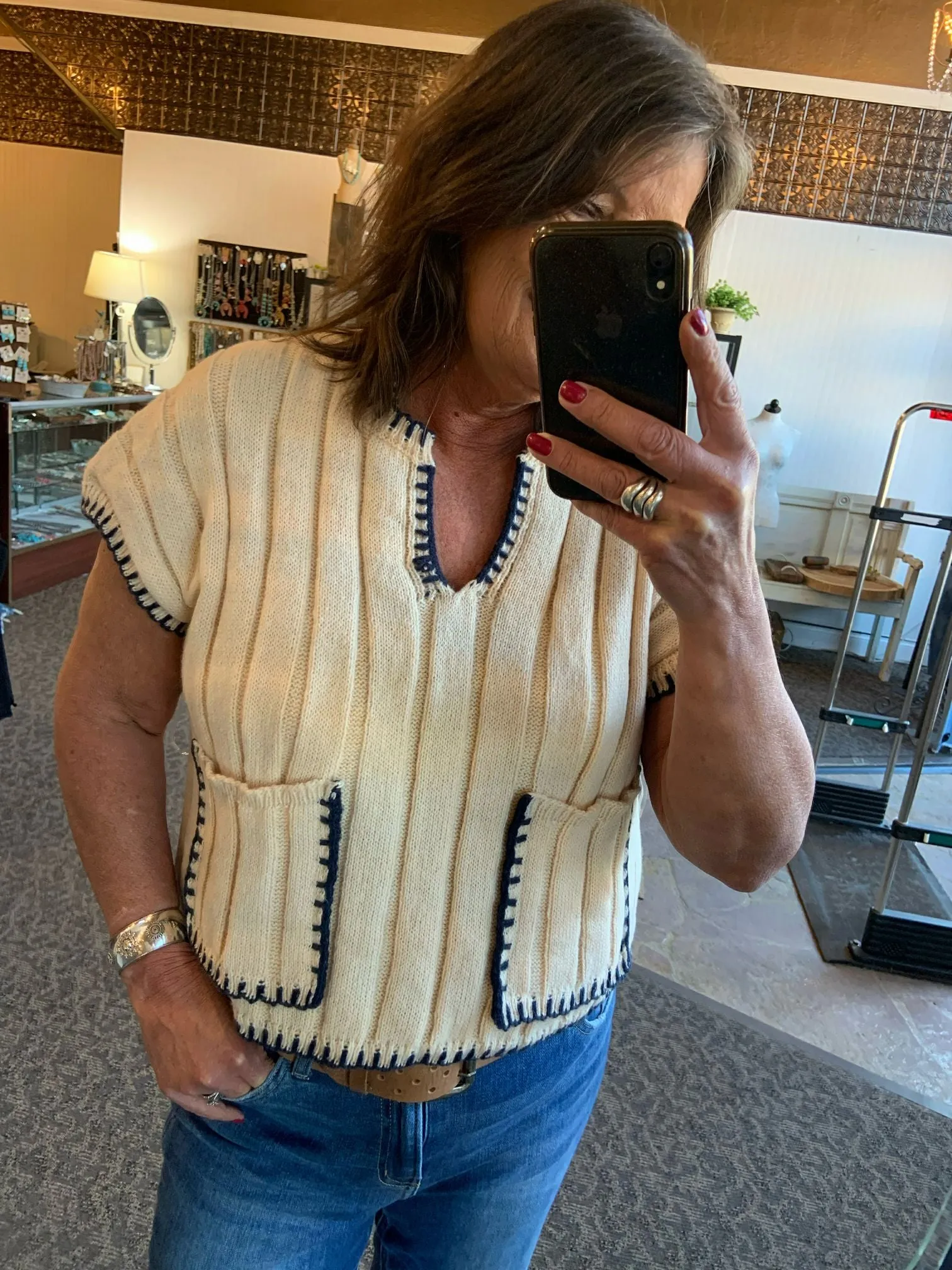 Natural Cross Stitched Short Sleeve Pocketed Sweater- SML