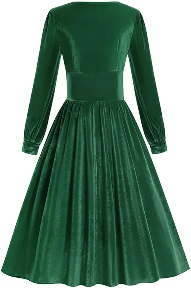 ODIZLI Women's Christmas Retro Dresses for Women Vintage Dress Long Sleeve Velvet Square Neck Swing Dress