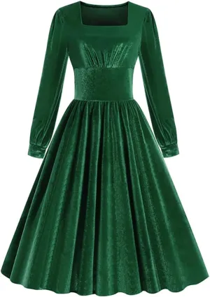 ODIZLI Women's Christmas Retro Dresses for Women Vintage Dress Long Sleeve Velvet Square Neck Swing Dress