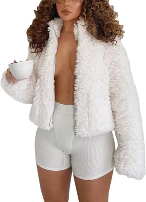 Oversized Fur Coat Long Sleeve Boucle Zip Up Snug Shearling Teddy Faux Fur Jacket with Pockets for Women