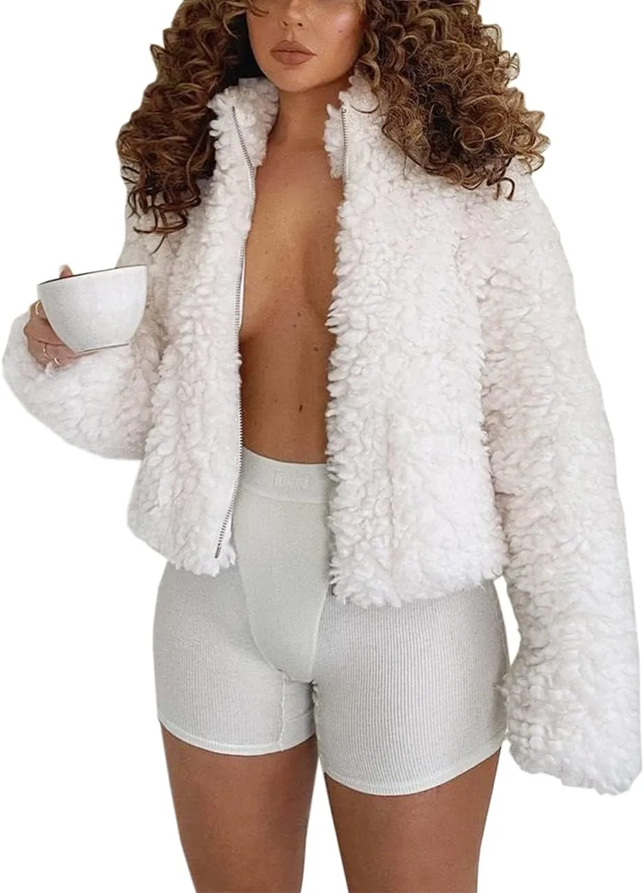 Oversized Fur Coat Long Sleeve Boucle Zip Up Snug Shearling Teddy Faux Fur Jacket with Pockets for Women