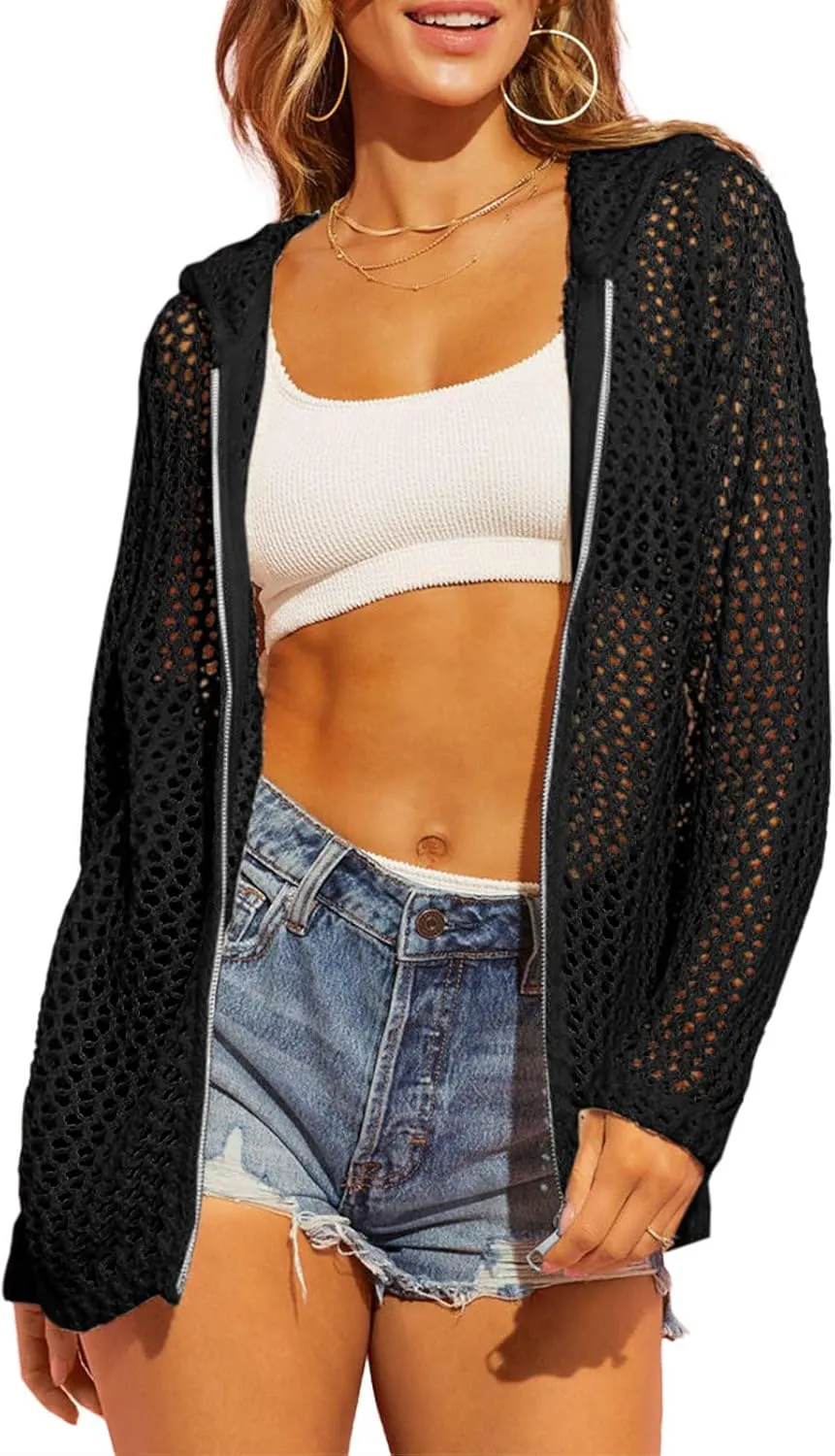 Saodimallsu Womens Crochet Lightweight Cardigans Zip Up Hooded Long Sleeve Knit Sweaters Mesh Beach Swim Cover Up