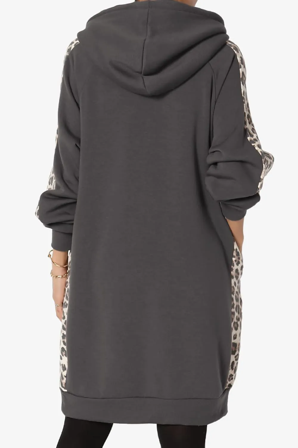 TheMogan Leopard Accent Loose Fit Pocket Pullover Hoodie Long Tunic Sweatshirts