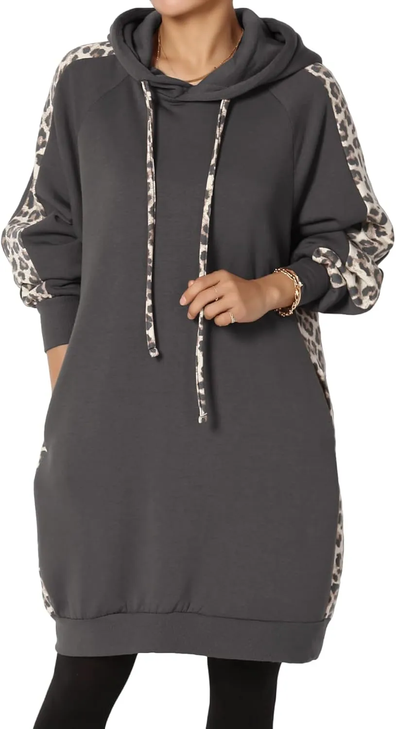 TheMogan Leopard Accent Loose Fit Pocket Pullover Hoodie Long Tunic Sweatshirts