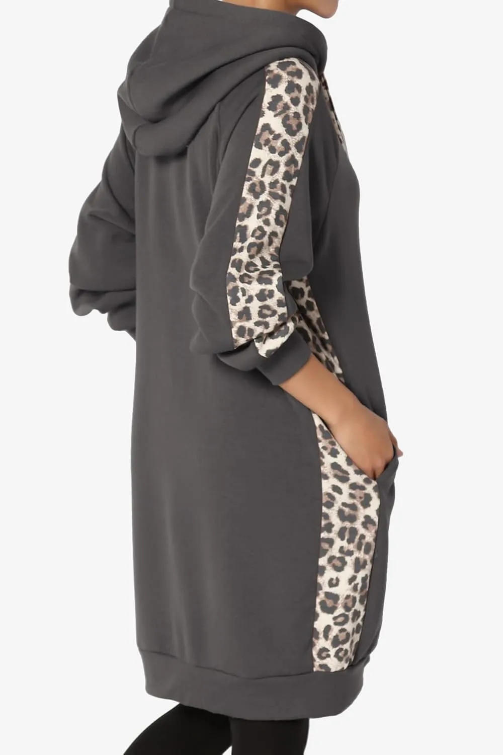 TheMogan Leopard Accent Loose Fit Pocket Pullover Hoodie Long Tunic Sweatshirts