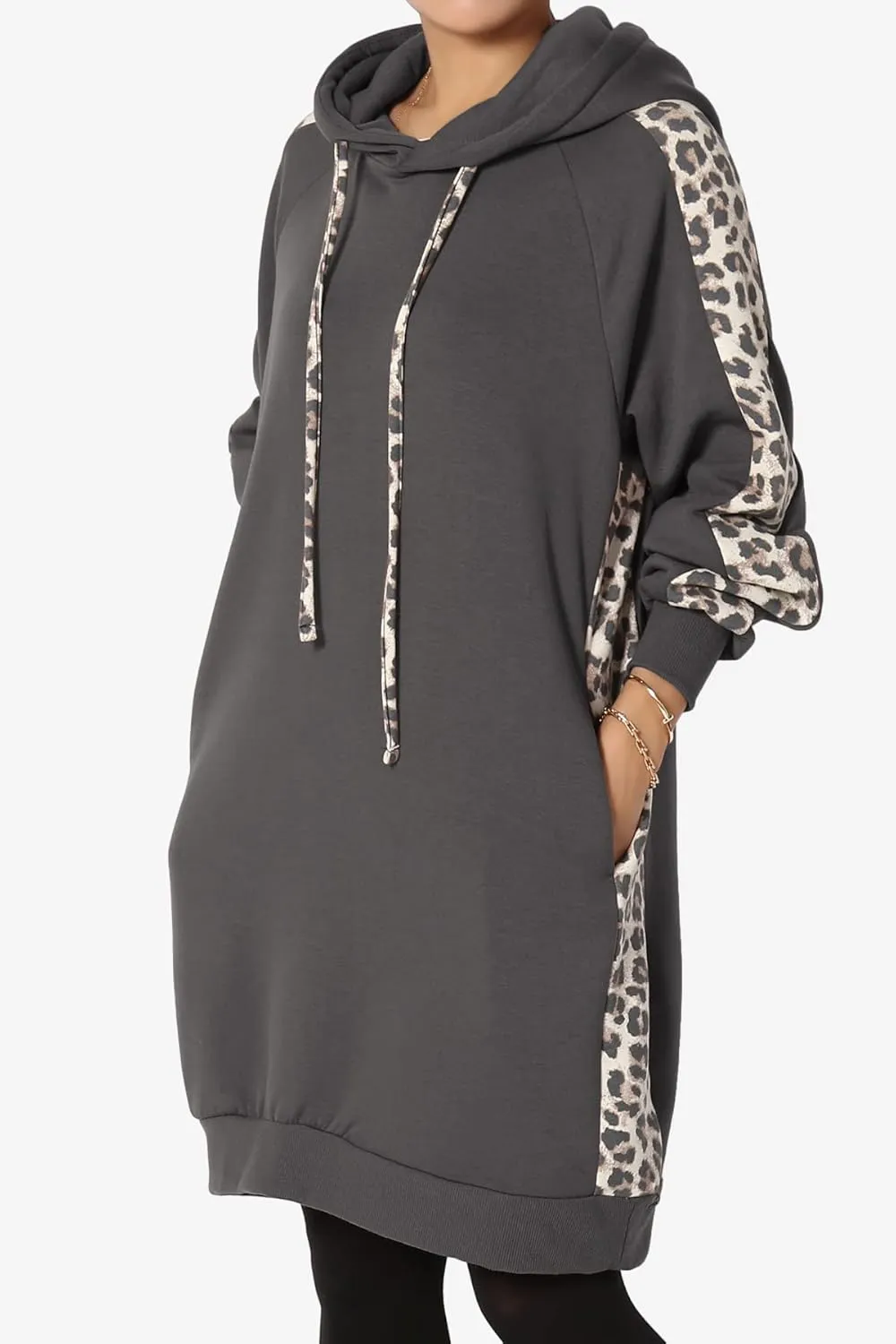 TheMogan Leopard Accent Loose Fit Pocket Pullover Hoodie Long Tunic Sweatshirts