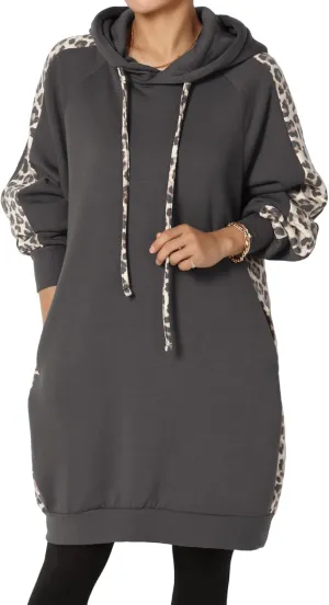 TheMogan Leopard Accent Loose Fit Pocket Pullover Hoodie Long Tunic Sweatshirts