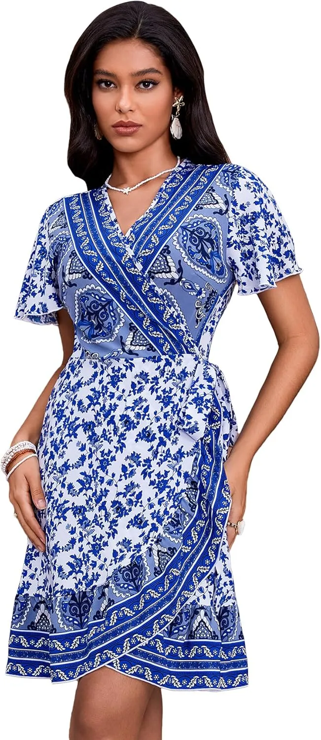 WDIRARA Women's Summer Casual Boho Floral Print Short Sleeve Wrap V Neck Ruffle Hem A Line Dress