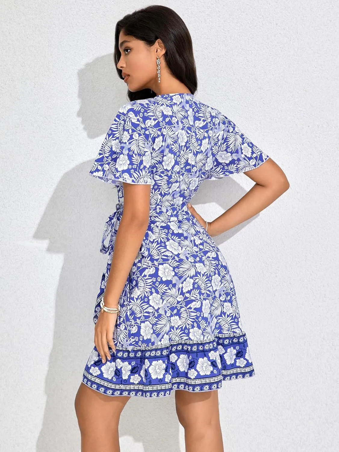 WDIRARA Women's Summer Casual Boho Floral Print Short Sleeve Wrap V Neck Ruffle Hem A Line Dress