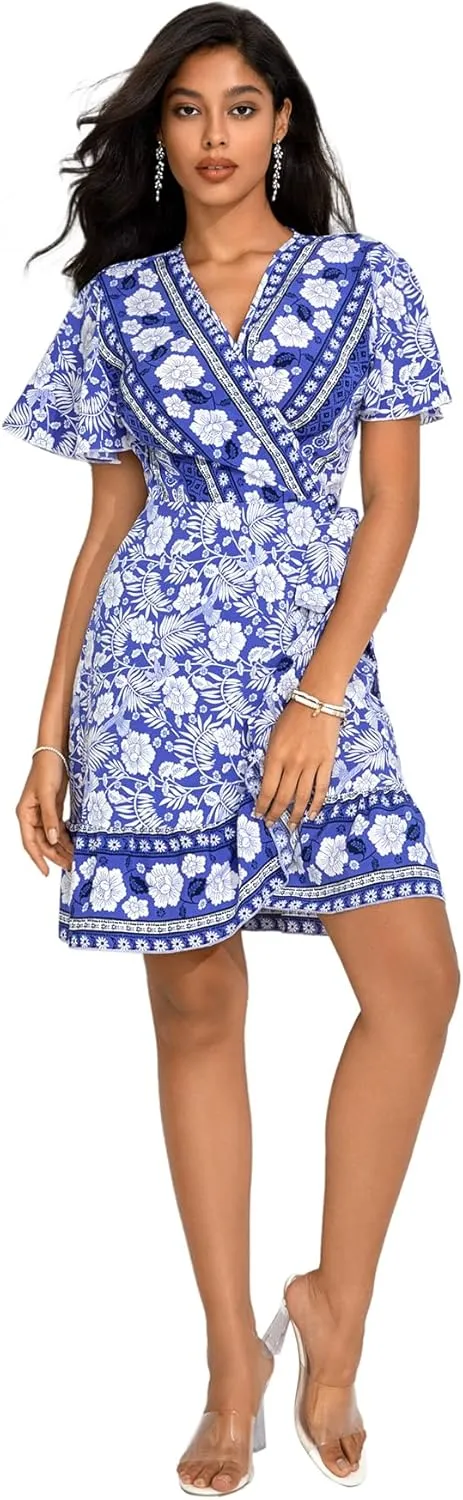 WDIRARA Women's Summer Casual Boho Floral Print Short Sleeve Wrap V Neck Ruffle Hem A Line Dress