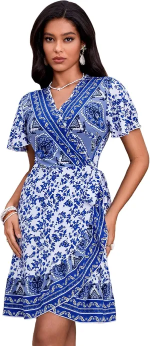 WDIRARA Women's Summer Casual Boho Floral Print Short Sleeve Wrap V Neck Ruffle Hem A Line Dress