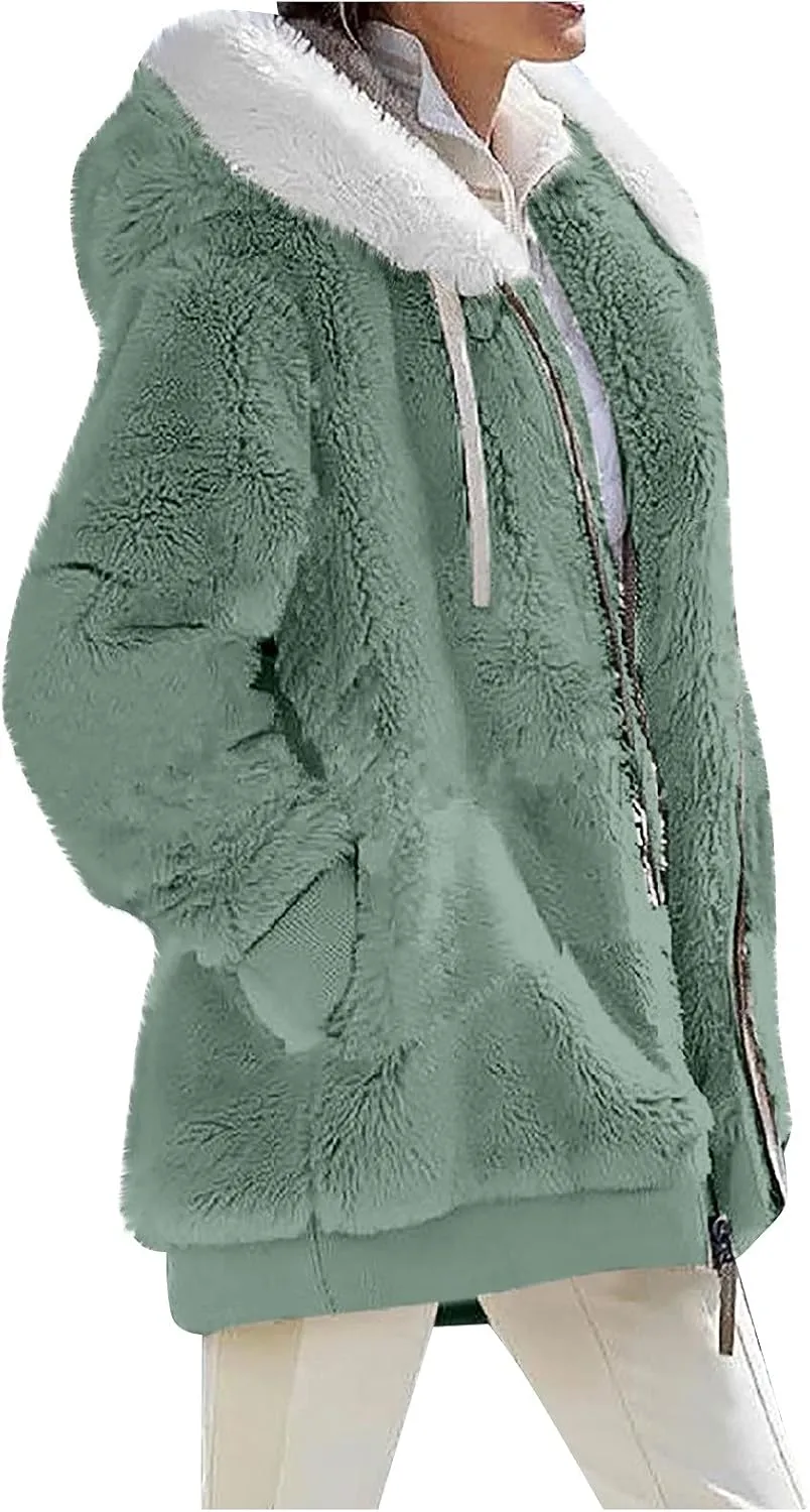 Winter Coats For Women Fuzzy Fleece Jacket Hooded Color Block Patchwork Cardigan Coat Outerwear With Pocket S-5XL