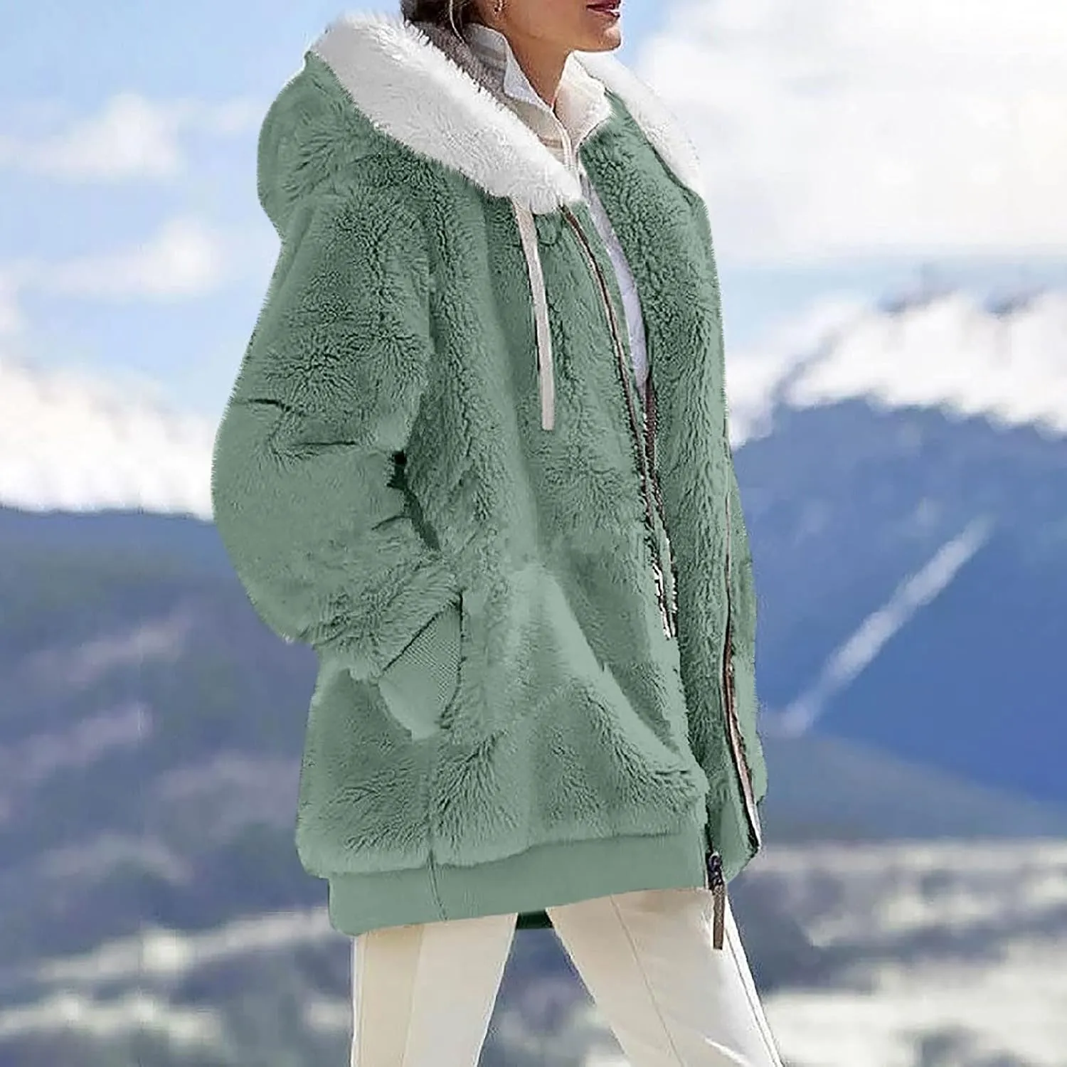 Winter Coats For Women Fuzzy Fleece Jacket Hooded Color Block Patchwork Cardigan Coat Outerwear With Pocket S-5XL
