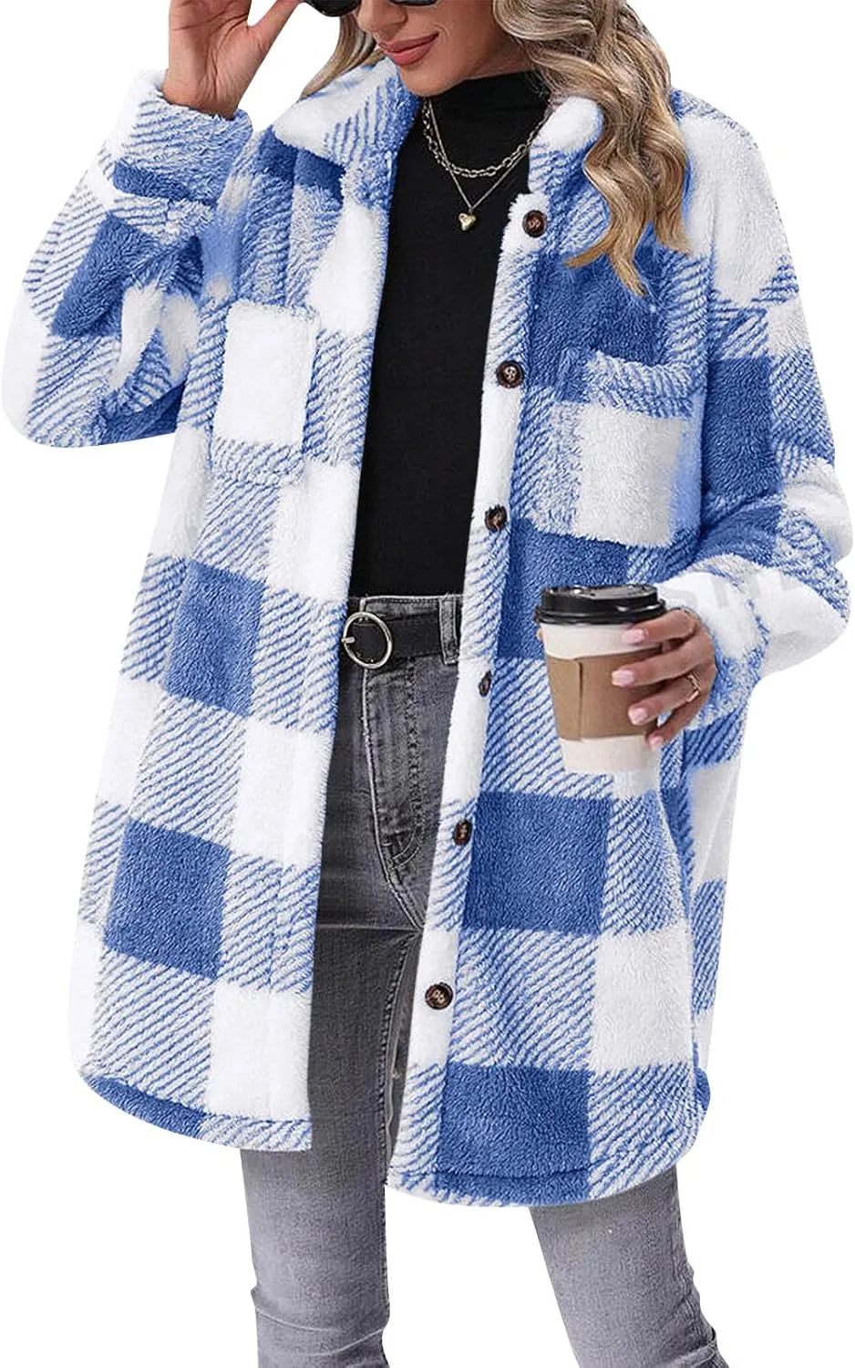 Women Sherpa Jacket Casual Flannel Colorblock Plaid Shacket Long Sleeve Lapel Button Long Fleece Jackets with Pockets