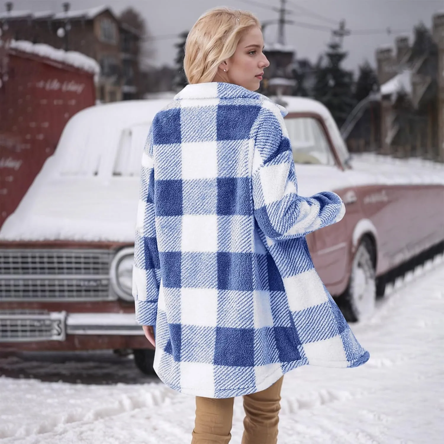 Women Sherpa Jacket Casual Flannel Colorblock Plaid Shacket Long Sleeve Lapel Button Long Fleece Jackets with Pockets