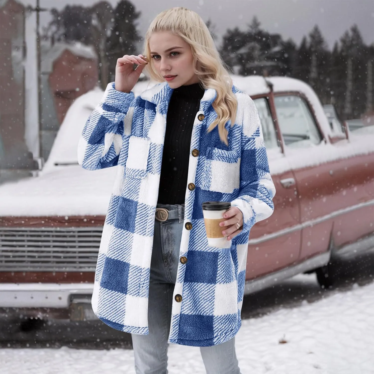 Women Sherpa Jacket Casual Flannel Colorblock Plaid Shacket Long Sleeve Lapel Button Long Fleece Jackets with Pockets