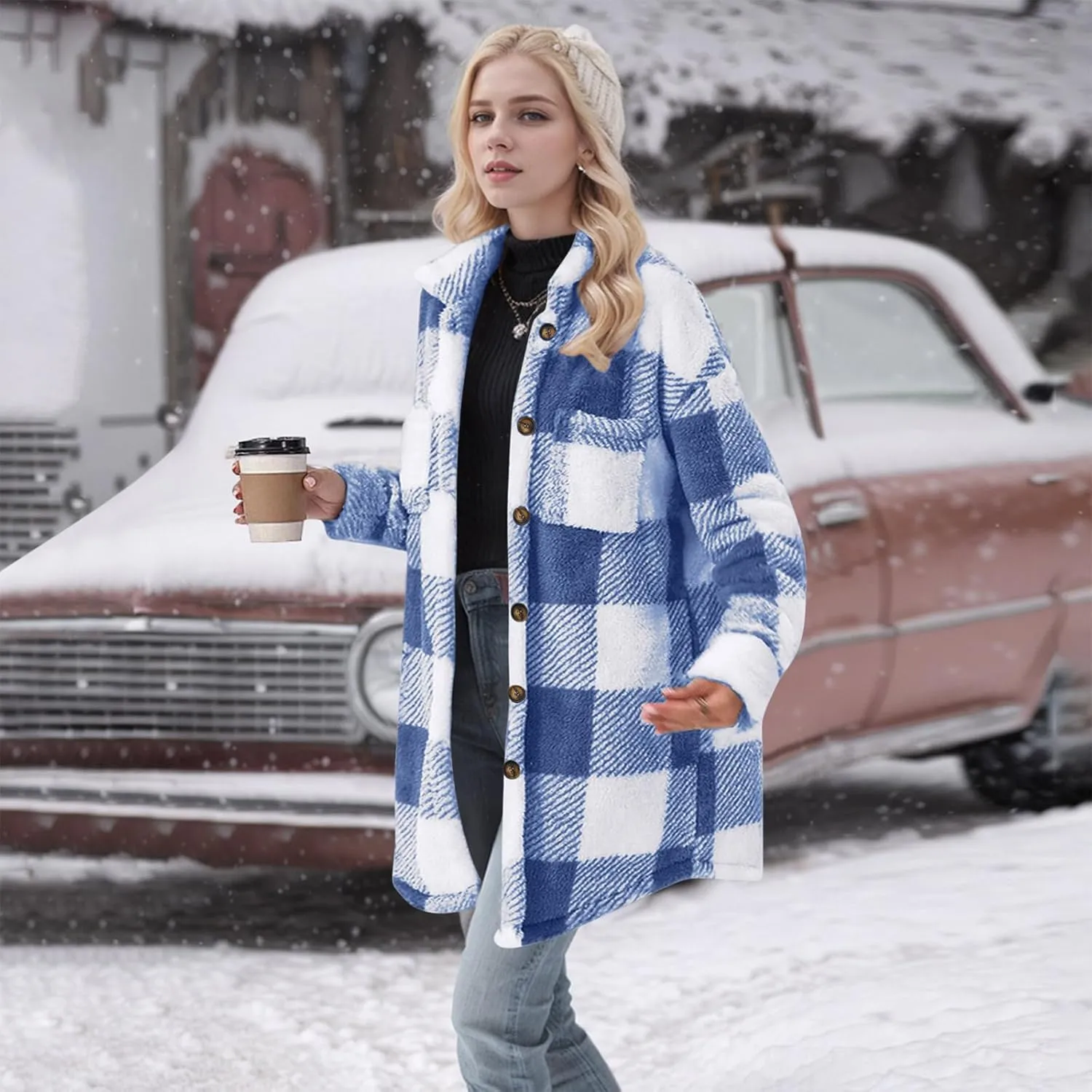 Women Sherpa Jacket Casual Flannel Colorblock Plaid Shacket Long Sleeve Lapel Button Long Fleece Jackets with Pockets