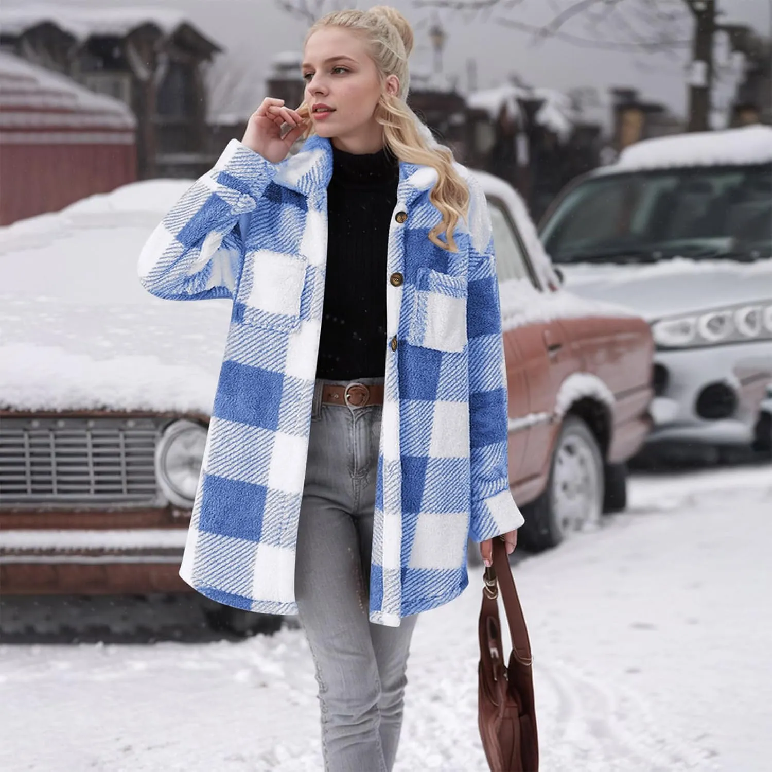 Women Sherpa Jacket Casual Flannel Colorblock Plaid Shacket Long Sleeve Lapel Button Long Fleece Jackets with Pockets
