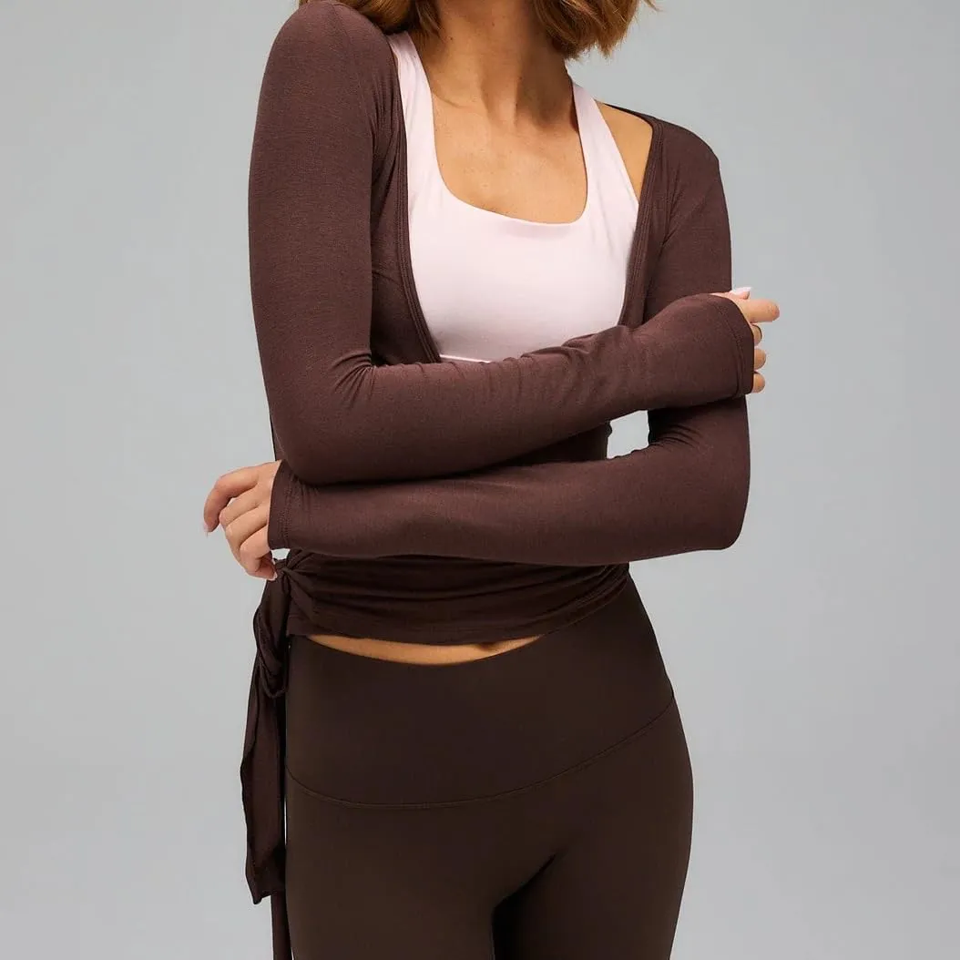 Women Y2k Tie Wrap Tops Deep V-Neck Ballet Tie Top Cross Wrap Tie Long Sleeve Yoga Workout T-Shirt Top