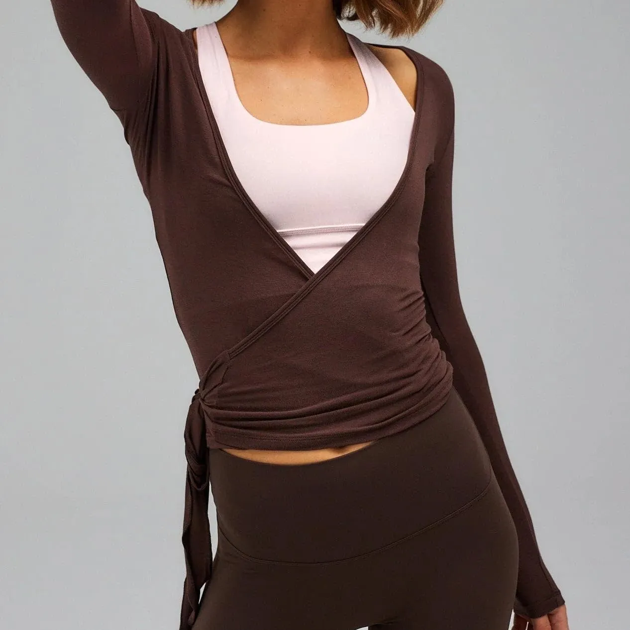 Women Y2k Tie Wrap Tops Deep V-Neck Ballet Tie Top Cross Wrap Tie Long Sleeve Yoga Workout T-Shirt Top