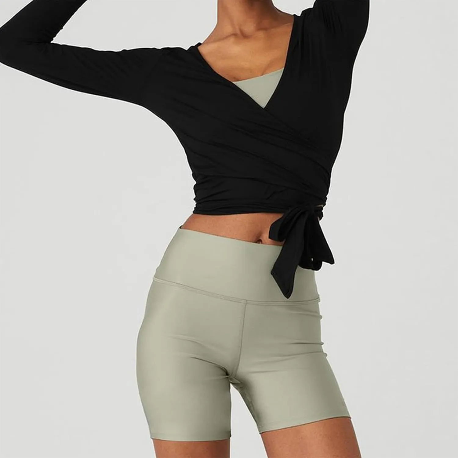 Women's Yoga Shirts Wrap Ruched Tie Front Long Sleeve Workout T Shirts Sexy Deep V Neck Slim Fit Casual Cropped Top