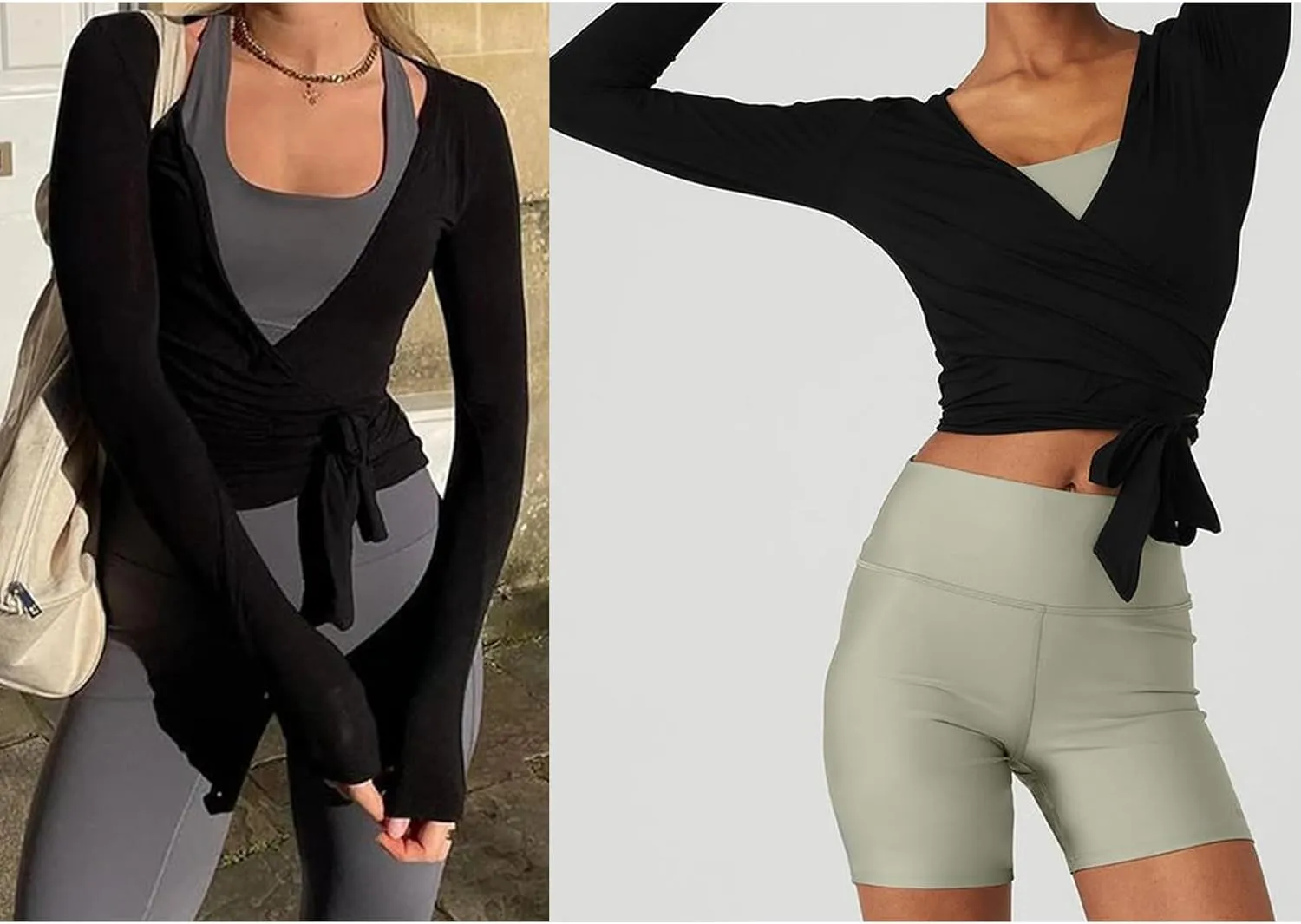 Women's Yoga Shirts Wrap Ruched Tie Front Long Sleeve Workout T Shirts Sexy Deep V Neck Slim Fit Casual Cropped Top