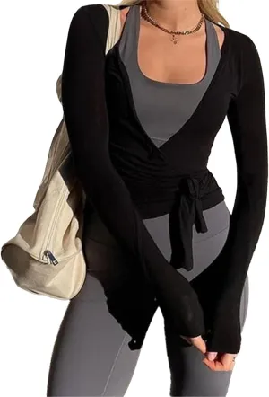 Women's Yoga Shirts Wrap Ruched Tie Front Long Sleeve Workout T Shirts Sexy Deep V Neck Slim Fit Casual Cropped Top